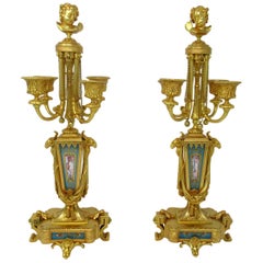 Antique French Sèvres Porcelain Ormolu Gilt Bronze Candelabra Barbedienne, Pair