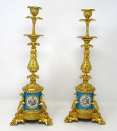 Antique Pair French Sevres Porcelain Ormolu Gilt Bronze Candlesticks Candelabra