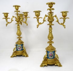 Antique Pair French Sevres Porcelain Ormolu Gilt Bronze Candlesticks Candelabra
