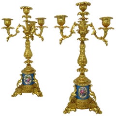 Antique Pair French Sevres Porcelain Ormolu Gilt Bronze Candlesticks Candelabra
