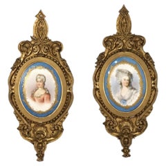 Antique Pair French Sevres Porcelain Portrait Plaques, Marie Antoinette, 19thC