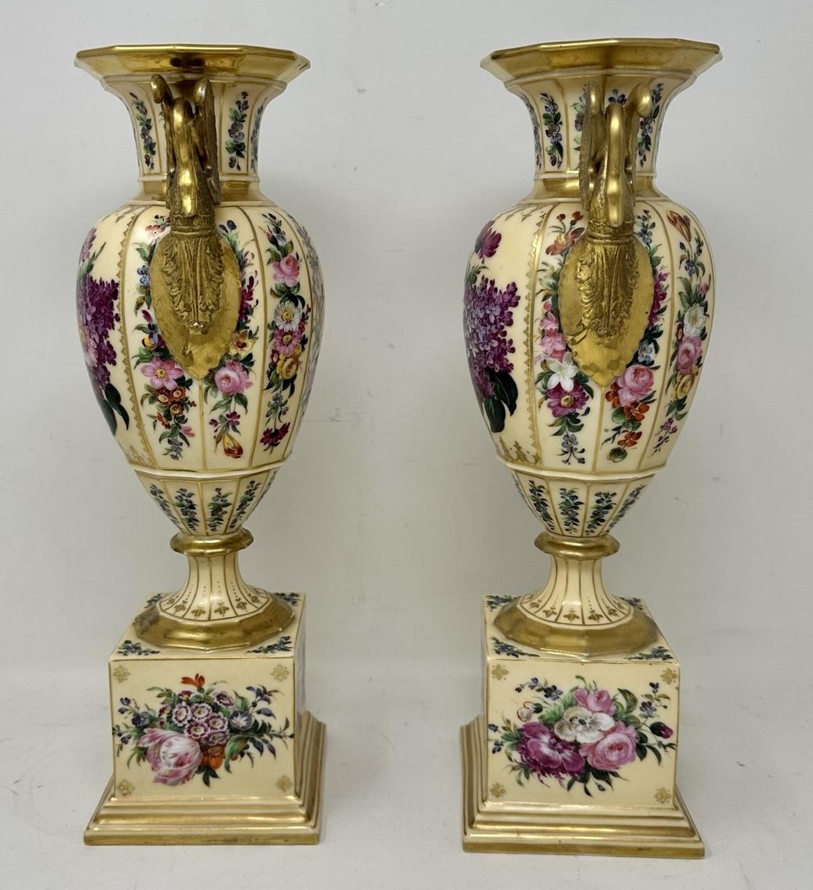 Early Victorian Antique Pair French Sèvres Style Porcelain Gilt Mounted Urns Vases Centerpieces
