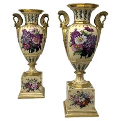 Antique Pair French Sèvres Style Porcelain Gilt Mounted Urns Vases Centerpieces