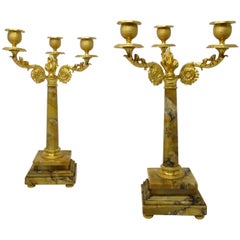 Antique Pair French Sienna Marble Gilt Bronze Ormolu Candelabra Candlesticks