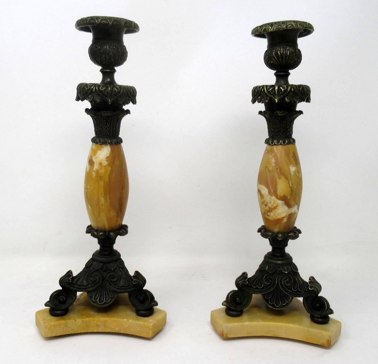 Cast Antique Pair of French Sienna Marble Grand Tour Bronze Candelabra Candlesticks For Sale