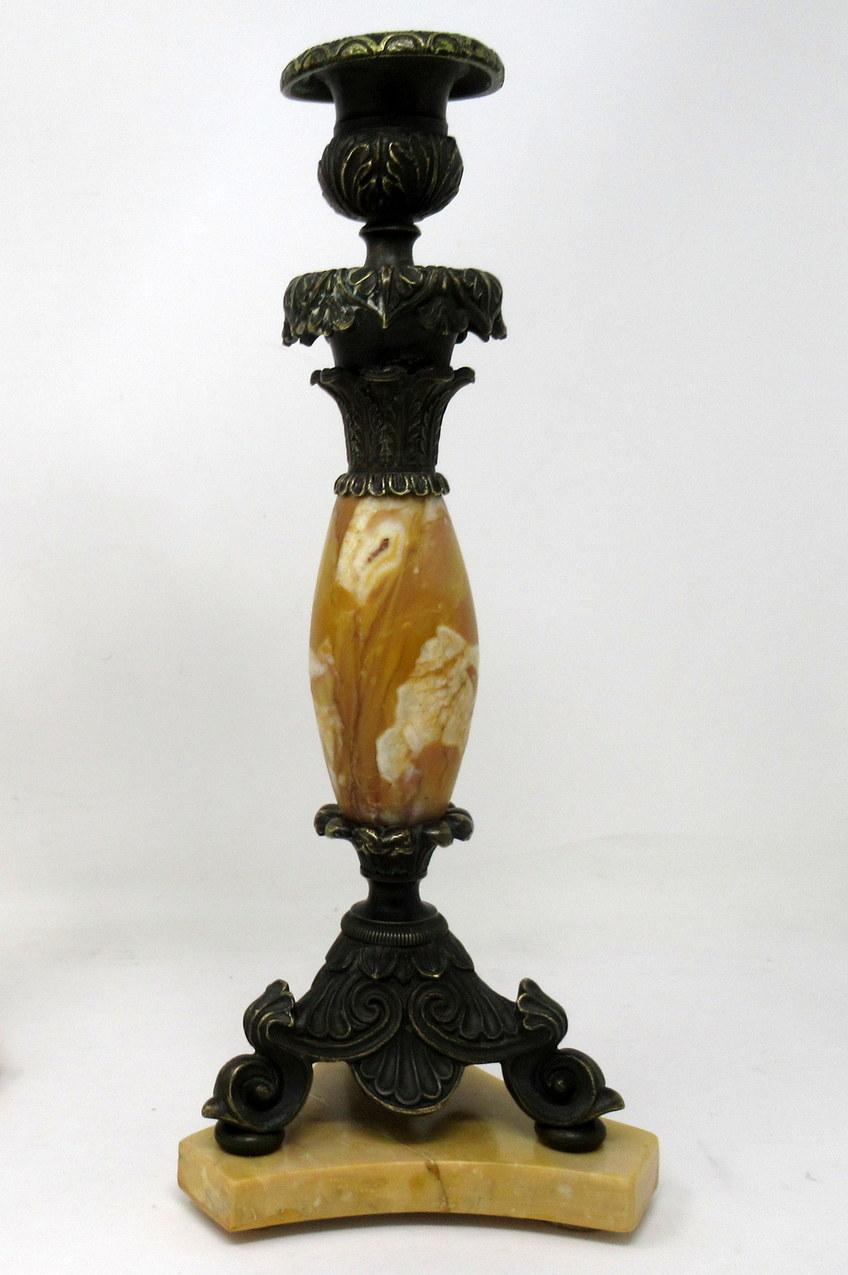 19th Century Antique Pair of French Sienna Marble Grand Tour Bronze Candelabra Candlesticks For Sale
