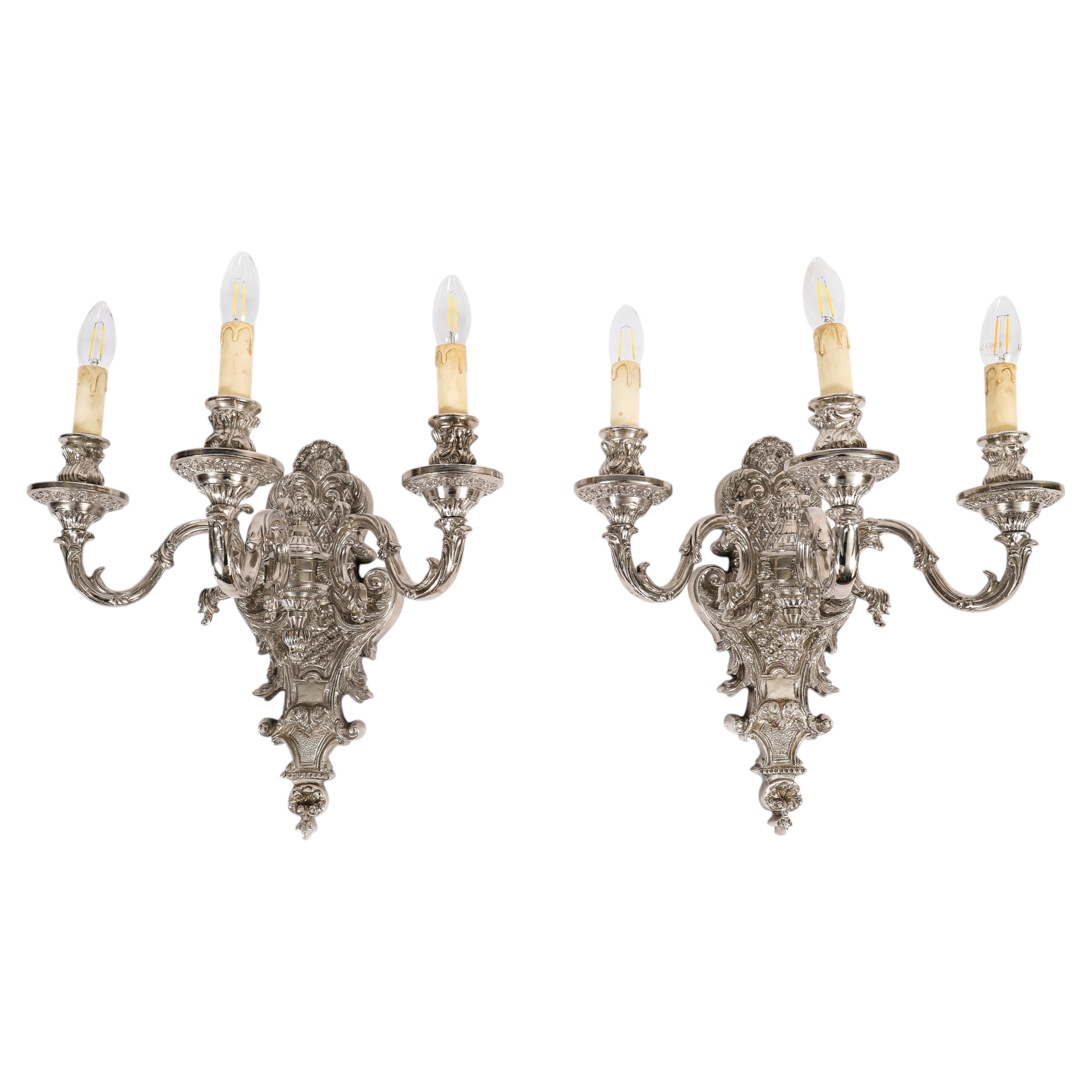 Antique Pair French Silver Plated Wall Lights Appliques 20th Century