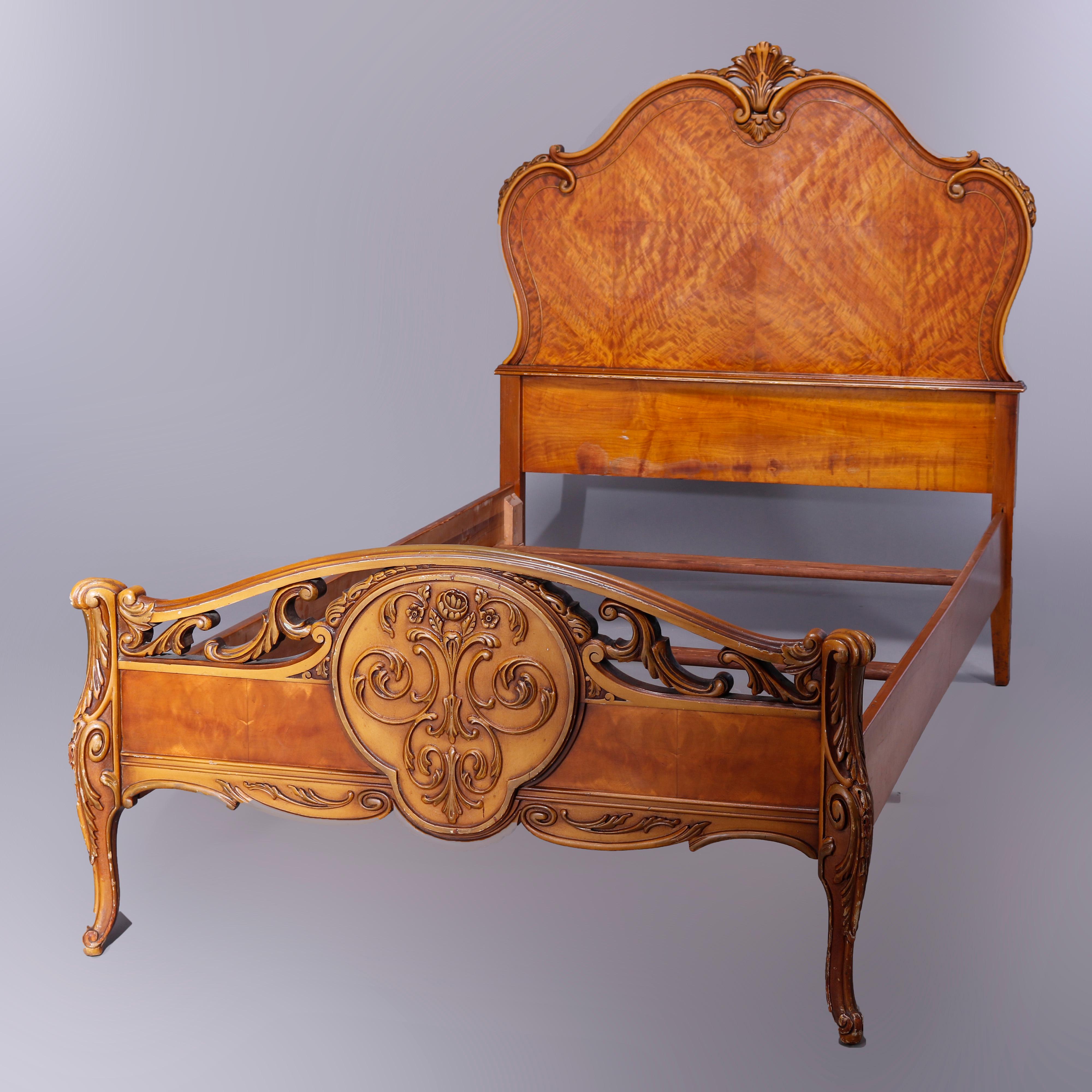 Antique Pair French Style Carved Satinwood Twin Bed Frames, Circa 1920 In Good Condition In Big Flats, NY