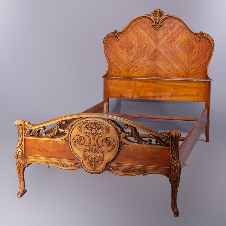 Antique Pair French Style Carved Satinwood Twin Bed Frames, Circa 1920