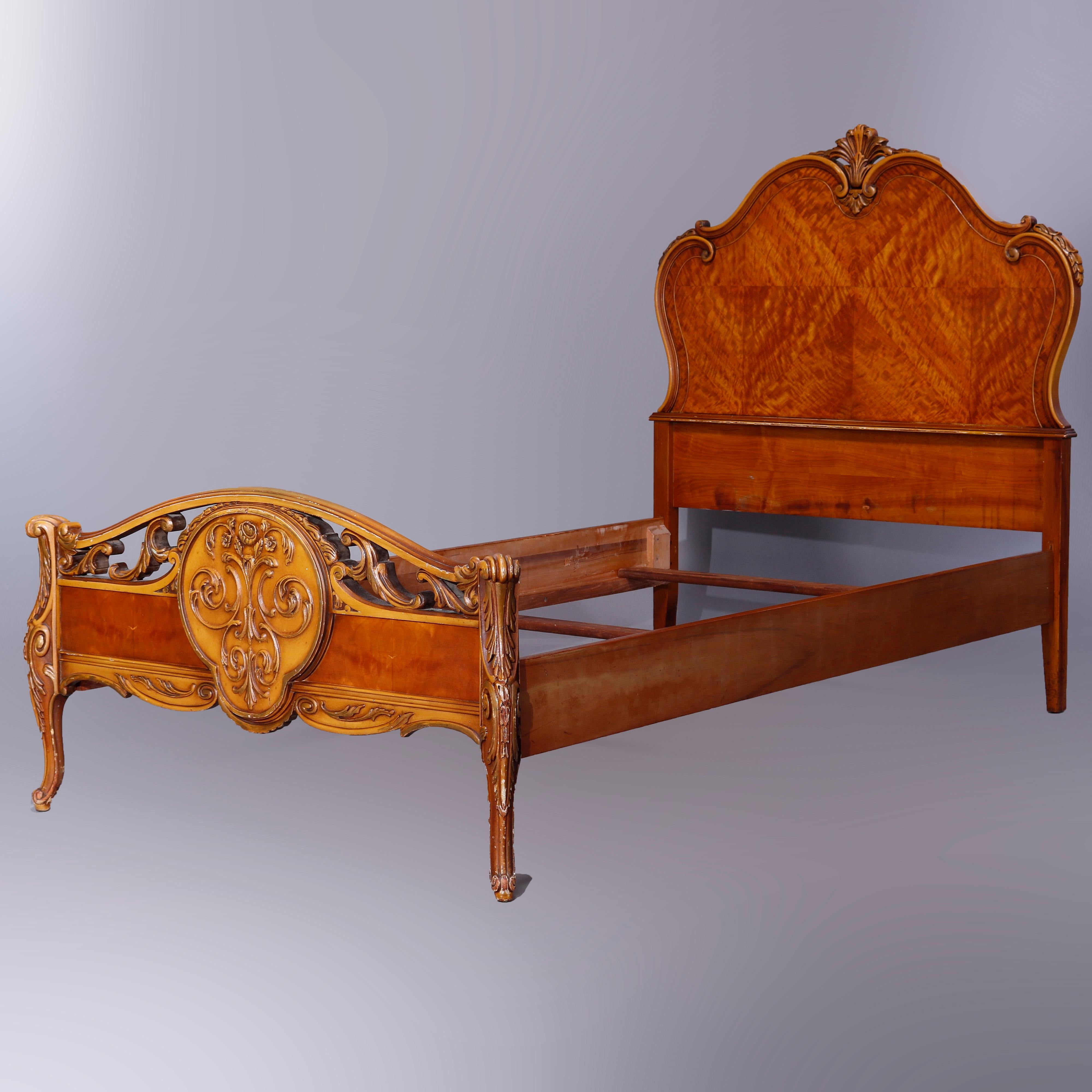 20th Century Antique Pair French Style Carved Satinwood Twin Bed Frames, Circa 1920