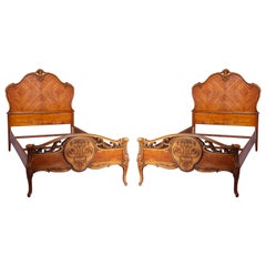 Antique Pair French Style Carved Satinwood Twin Bed Frames, Circa 1920