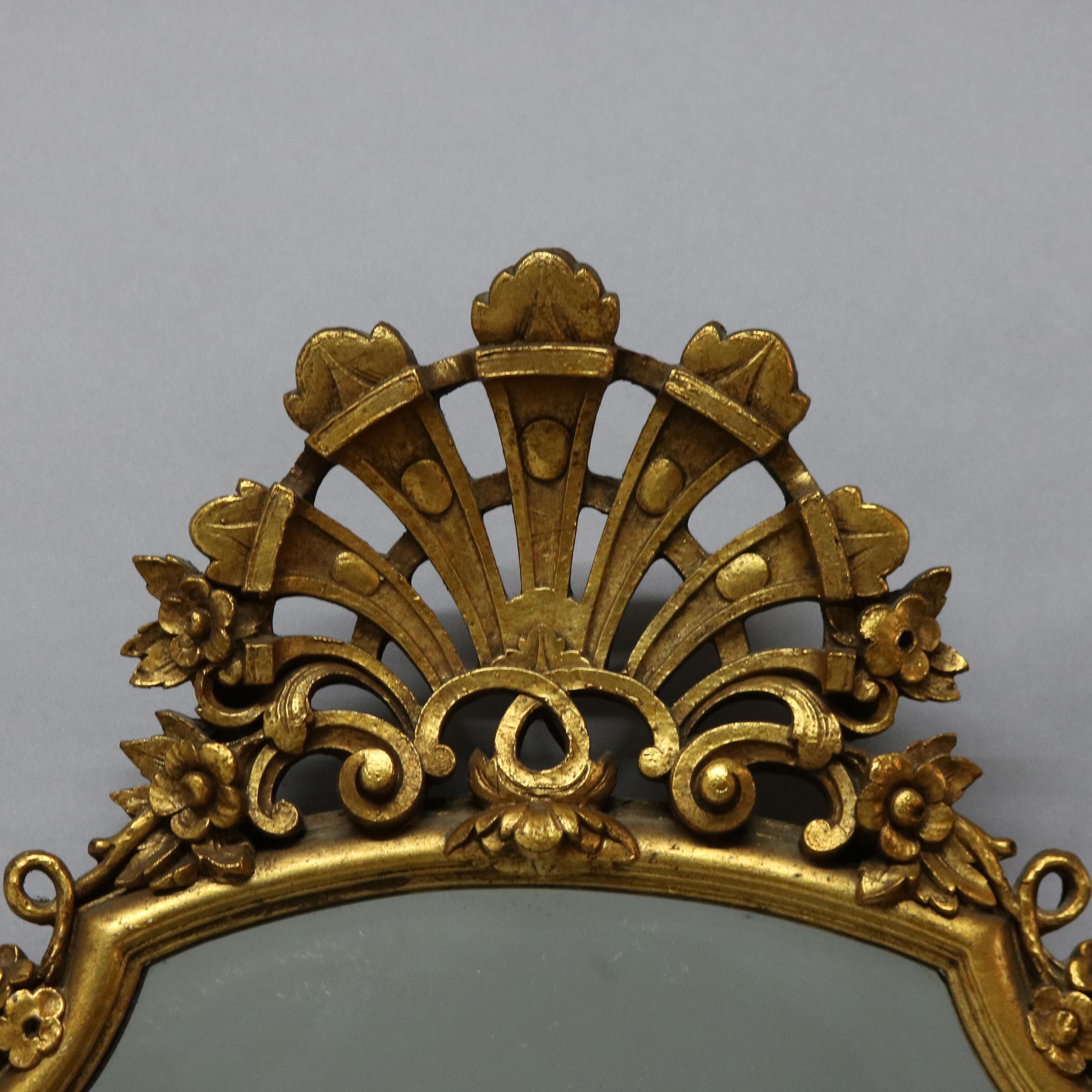 Antique Pair French Style Reticulated Shield Form Giltwood Wall Mirrors, c1930 In Good Condition In Big Flats, NY