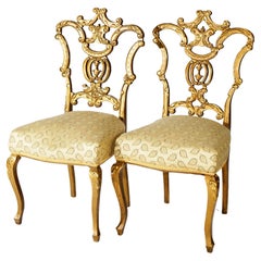 Antique Pair French Style Upholstered Giltwood Side Chairs 19th C.
