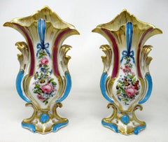 Antique French Vieux Paris Gilt Porcelain Vases Urns Flowers Sèvres Style, Pair
