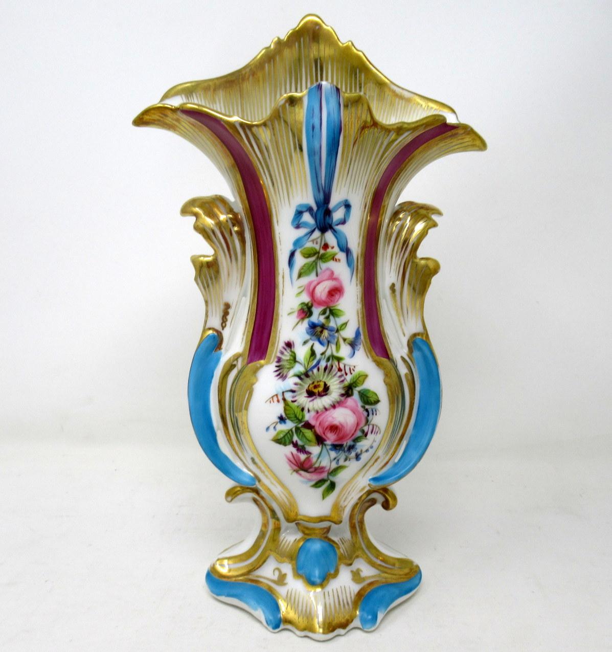 Victorian Antique French Vieux Paris Gilt Porcelain Vases Urns Flowers Sèvres Style, Pair