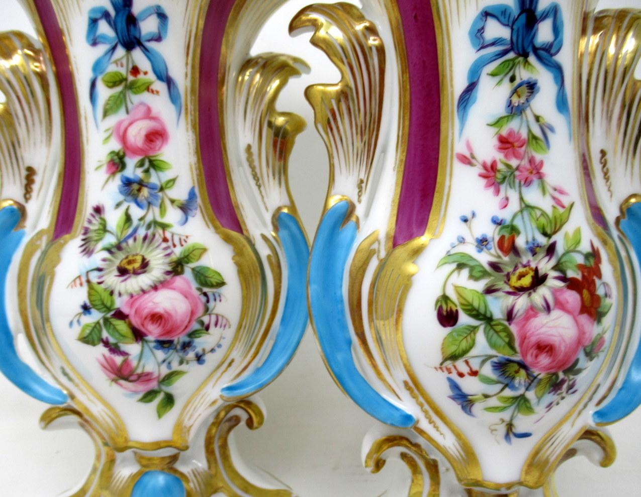 19th Century Antique French Vieux Paris Gilt Porcelain Vases Urns Flowers Sèvres Style, Pair