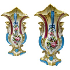 Antique French Vieux Paris Gilt Porcelain Vases Urns Flowers Sèvres Style, Pair
