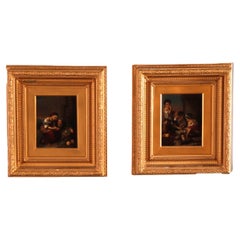 Antique Pair Genre Scenes Oil Paintings on Tin in Gilt Wood Frames, Circa 1880