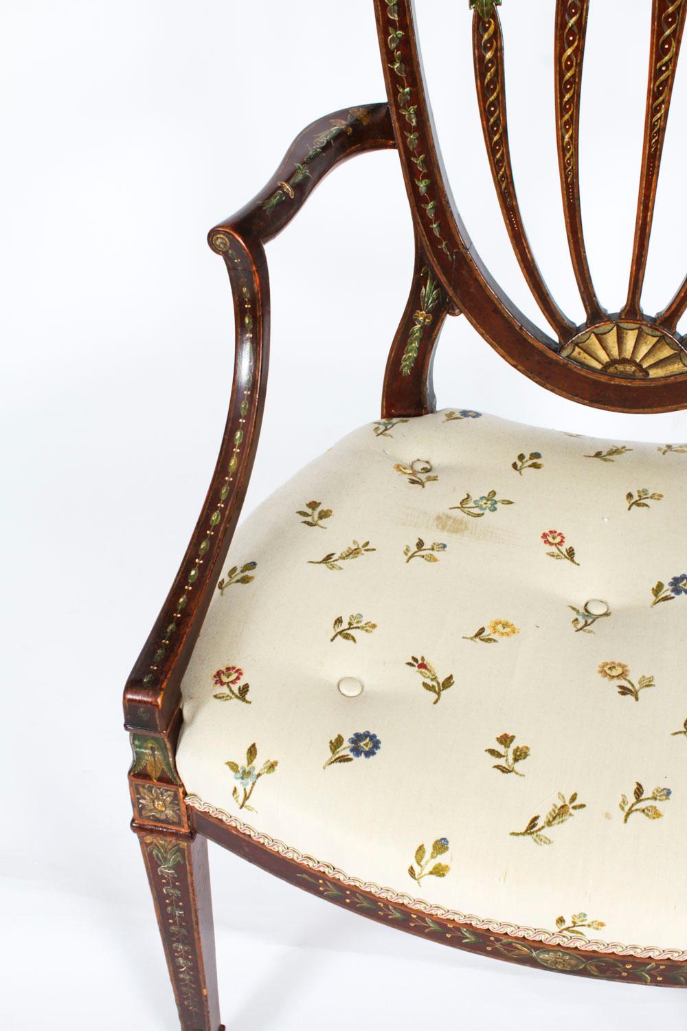 Ancienne paire de fauteuils ouverts George III à décor polychrome 18ème siècle en vente 6