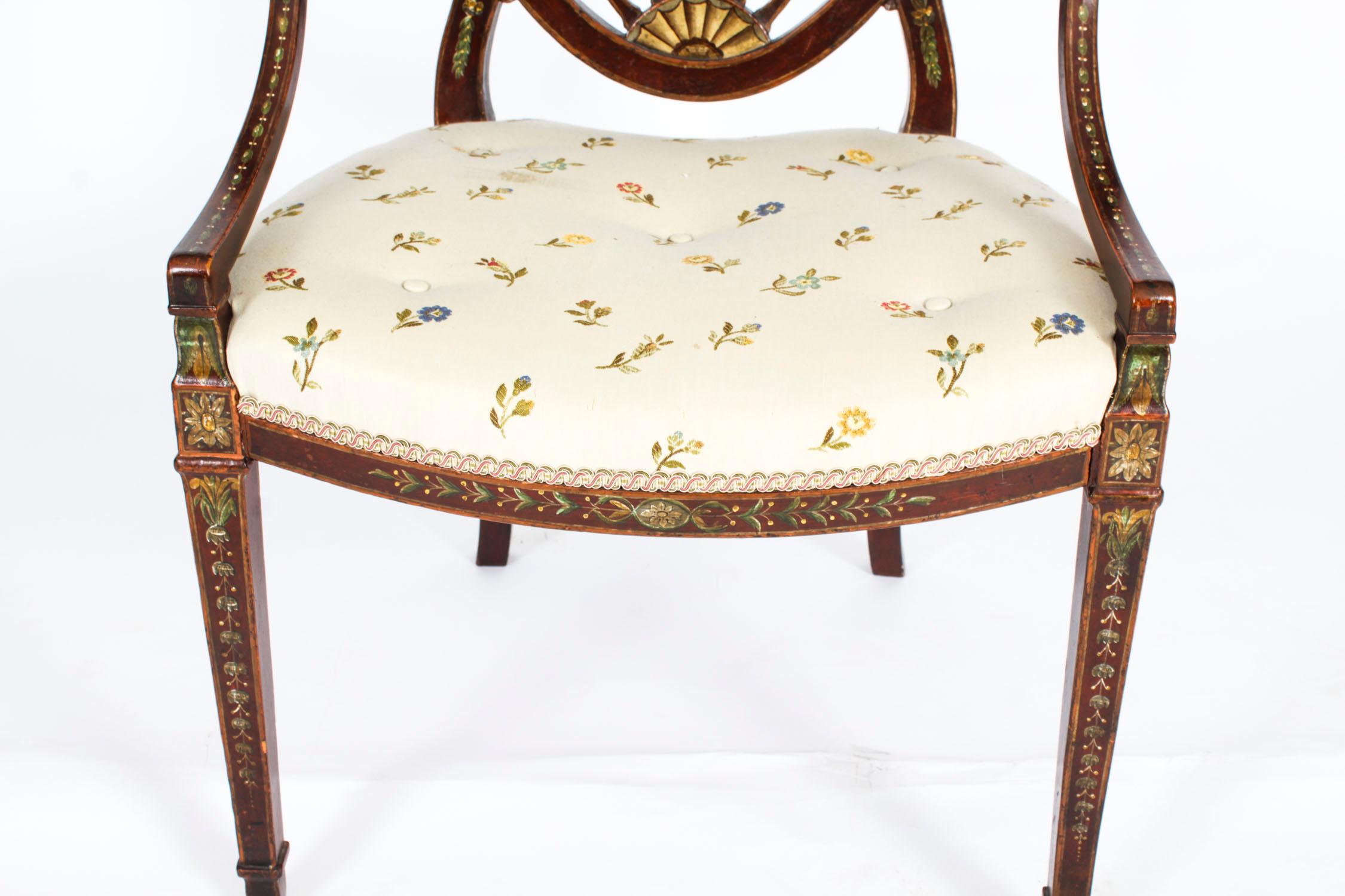 Ancienne paire de fauteuils ouverts George III à décor polychrome 18ème siècle en vente 11
