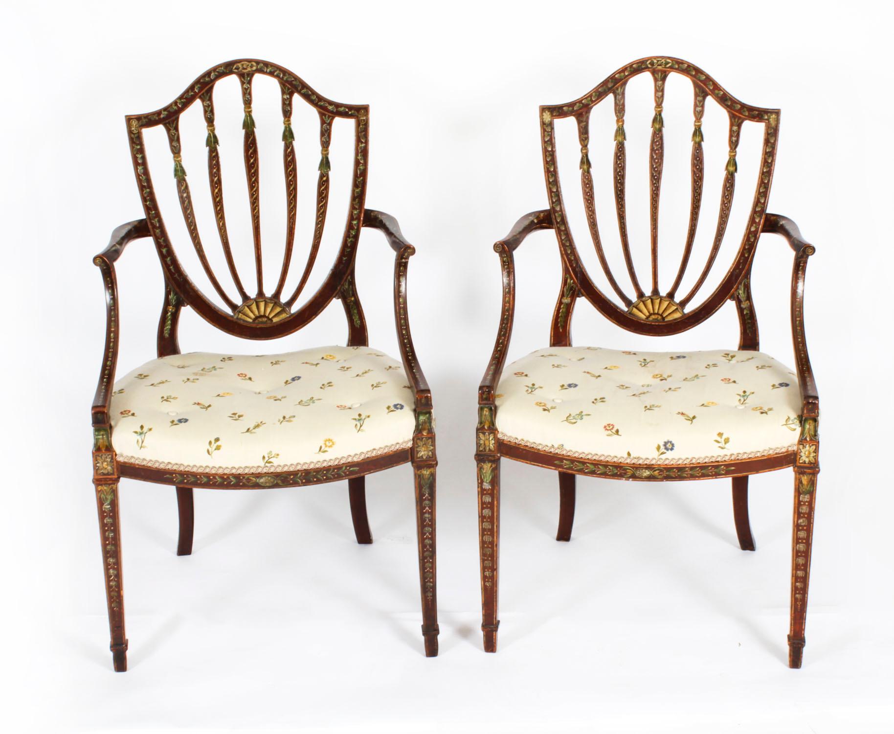 Ancienne paire de fauteuils ouverts George III à décor polychrome 18ème siècle en vente 15