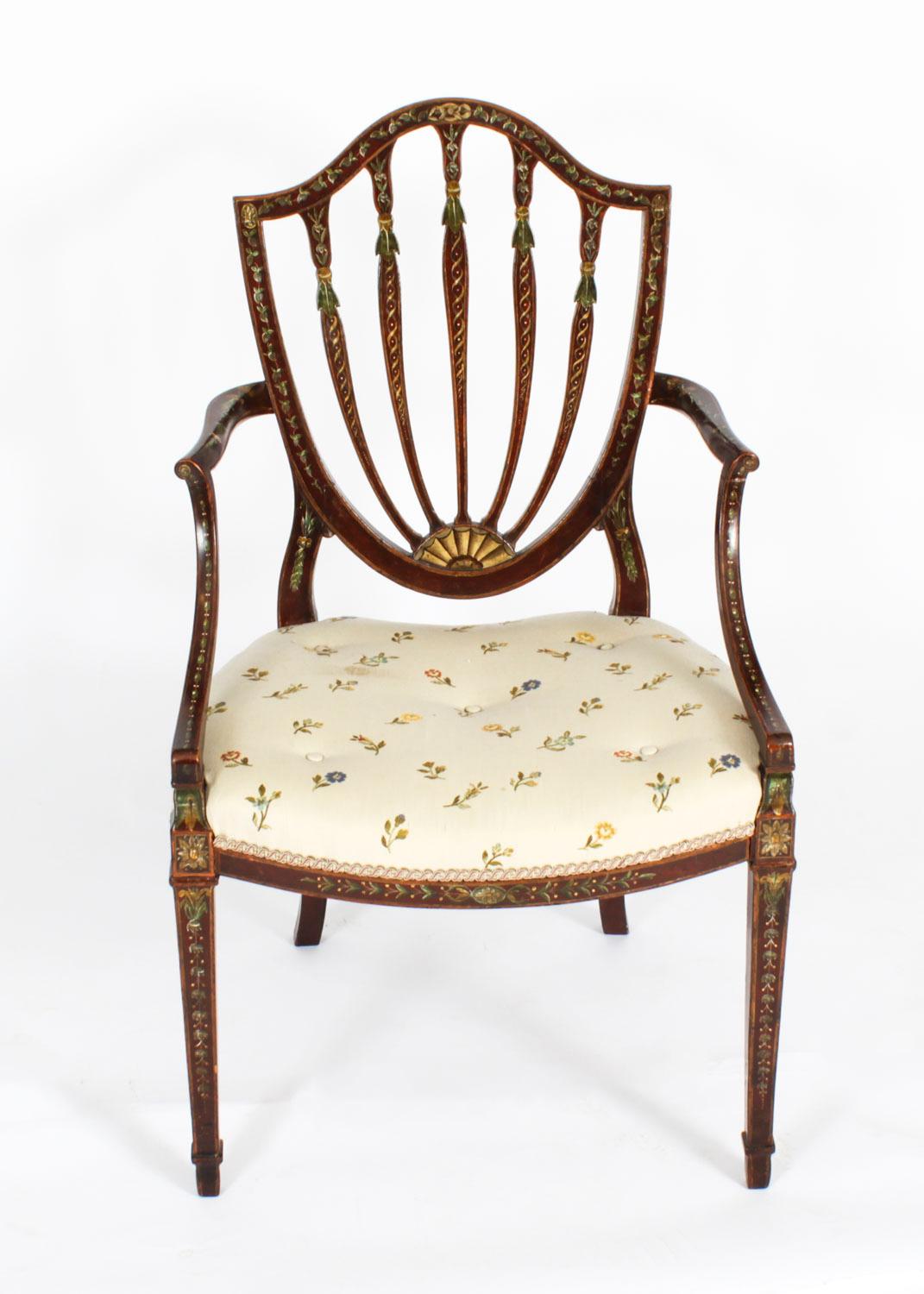 Fin du XVIIIe siècle Ancienne paire de fauteuils ouverts George III à décor polychrome 18ème siècle en vente