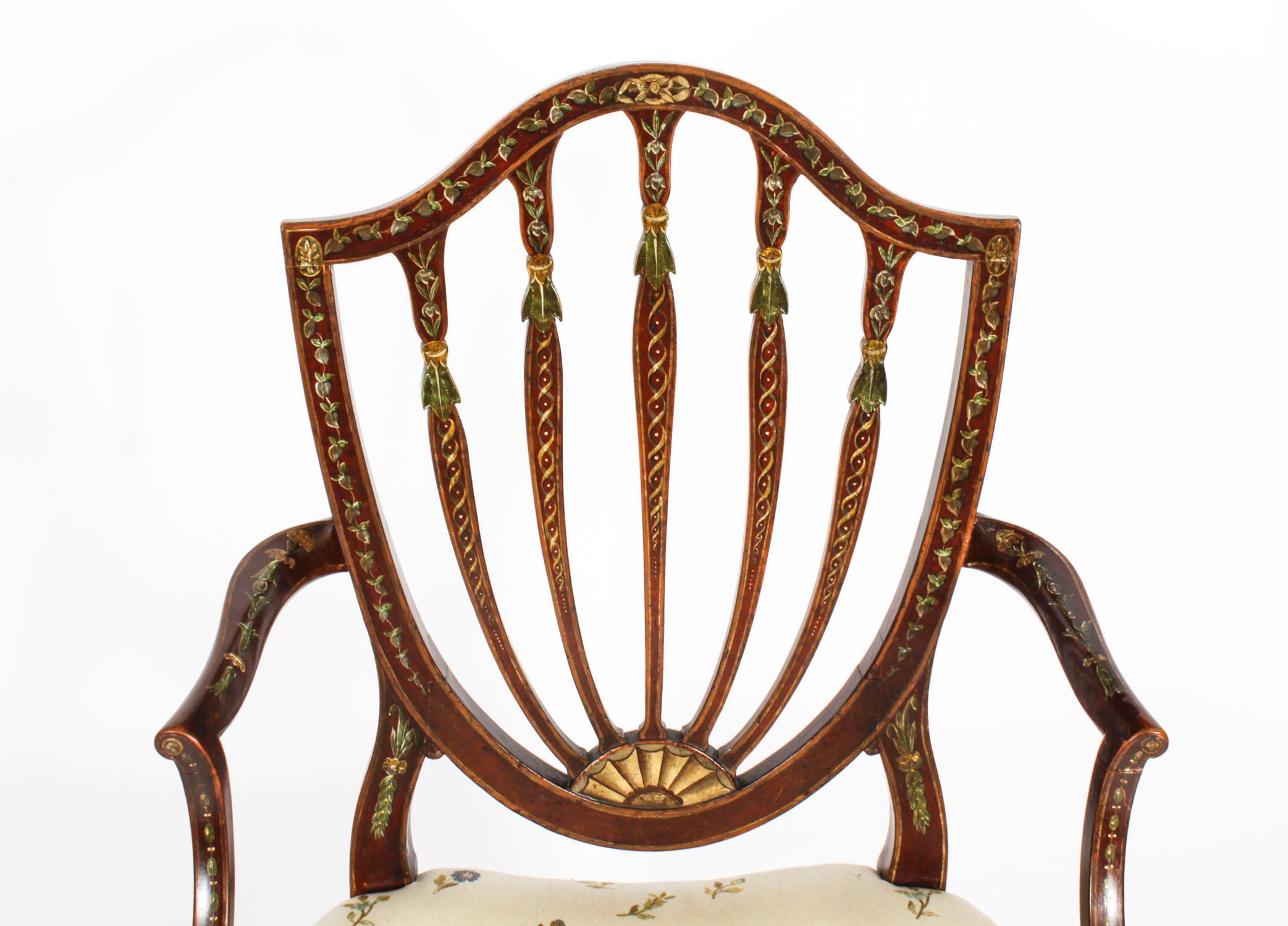 Bois Ancienne paire de fauteuils ouverts George III à décor polychrome 18ème siècle en vente