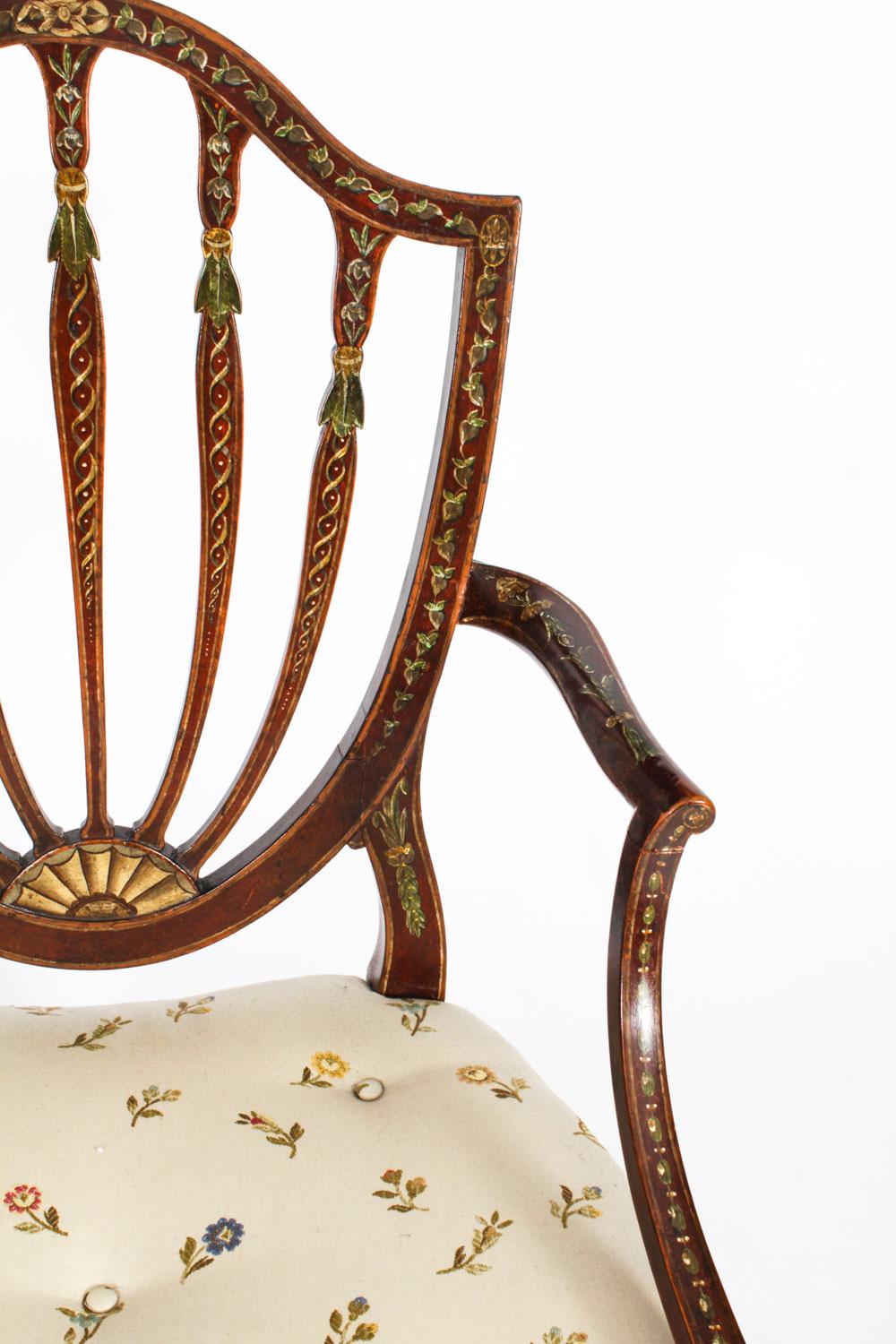 Ancienne paire de fauteuils ouverts George III à décor polychrome 18ème siècle en vente 4