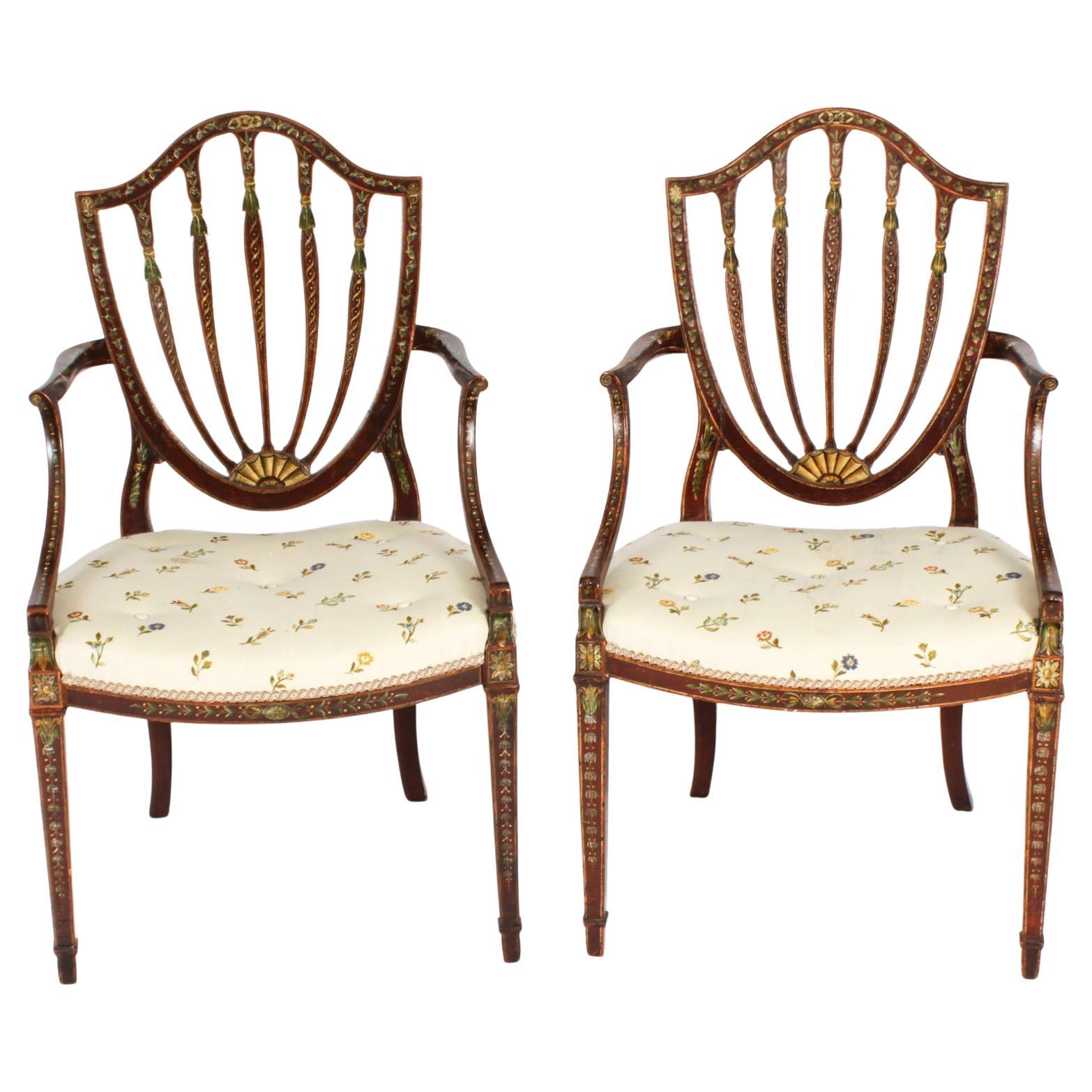 Pareja de Antiguos Sillones Abiertos Jorge III con Decoración Policromada Siglo XVIII