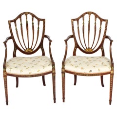 Antique Pair George III Polychrome Decorated Open Armchairs 18th Century