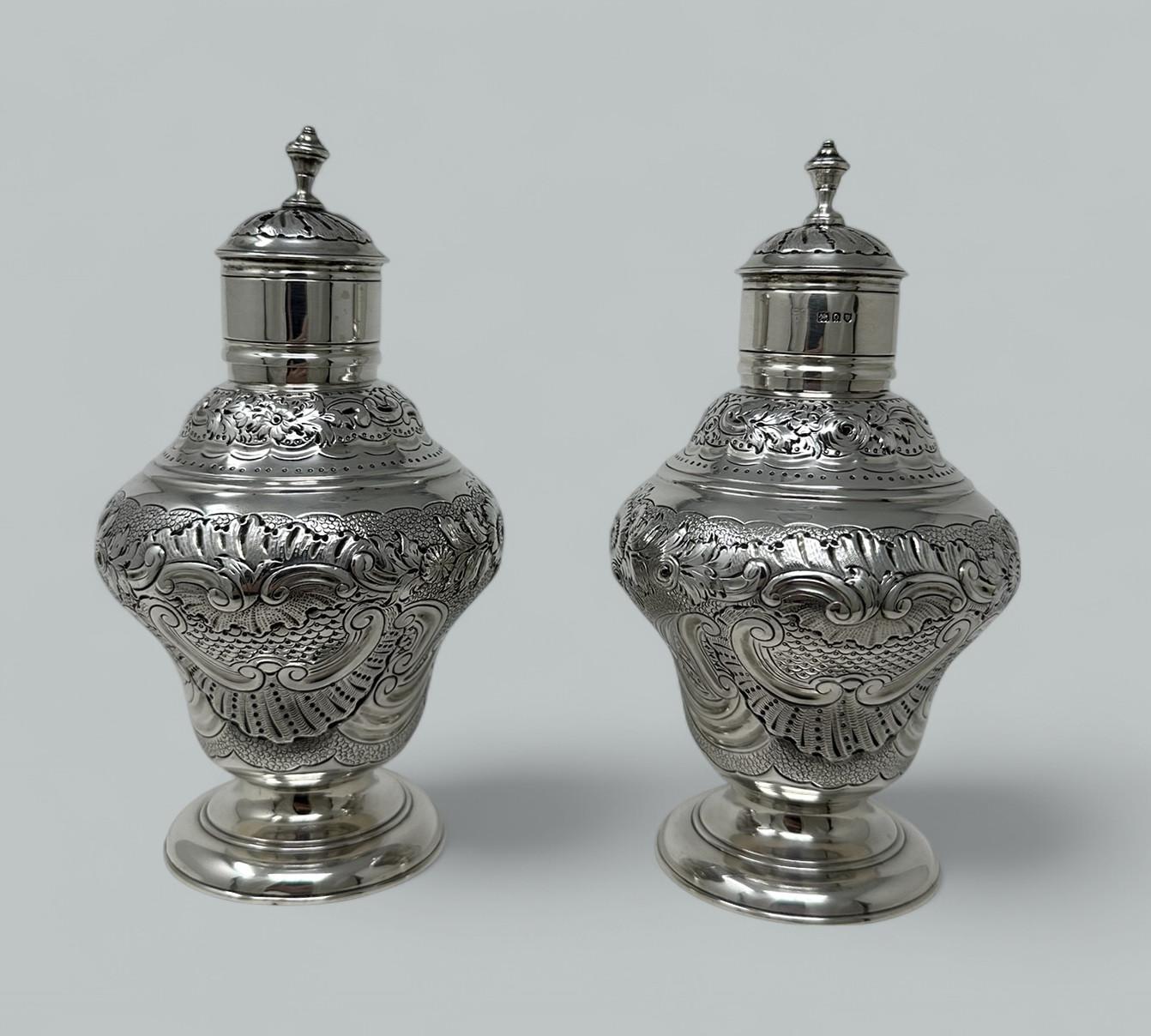 Victorian Antique Pair Georgian Style Sterling Silver Tea Caddies Caddy Harris & Sons 1909 For Sale