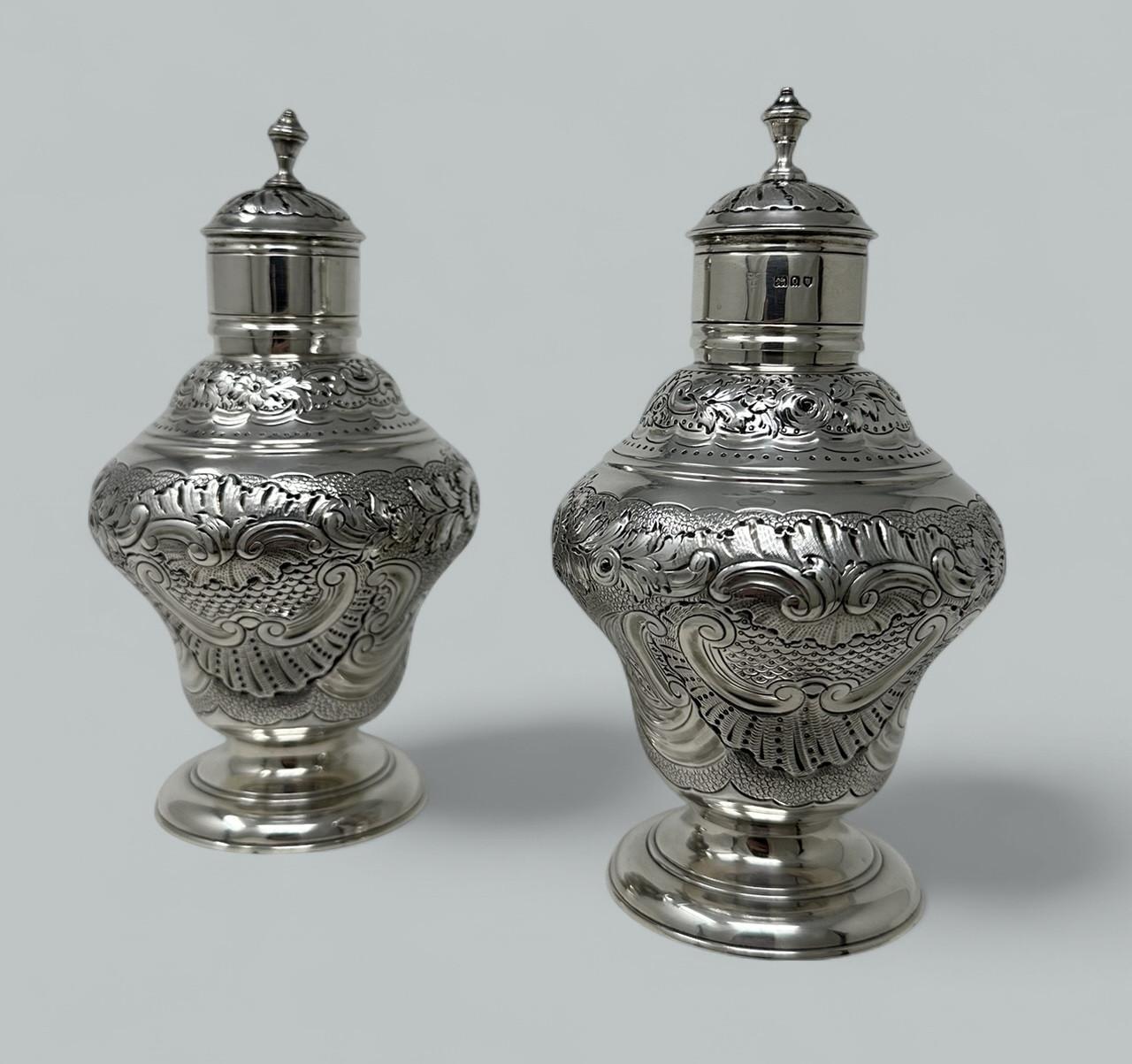 English Antique Pair Georgian Style Sterling Silver Tea Caddies Caddy Harris & Sons 1909 For Sale