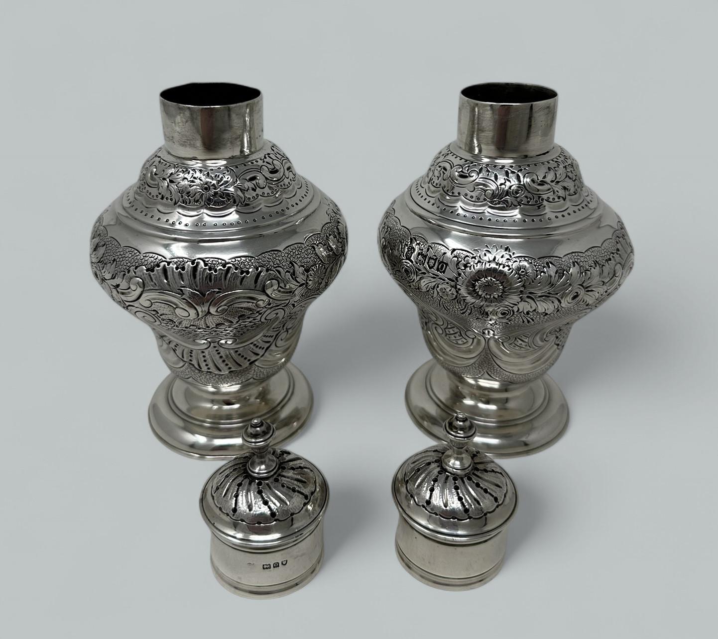 Cast Antique Pair Georgian Style Sterling Silver Tea Caddies Caddy Harris & Sons 1909 For Sale