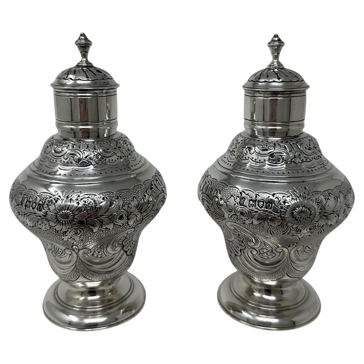 Antique Pair Georgian Style Sterling Silver Tea Caddies Caddy Harris & Sons 1909 For Sale