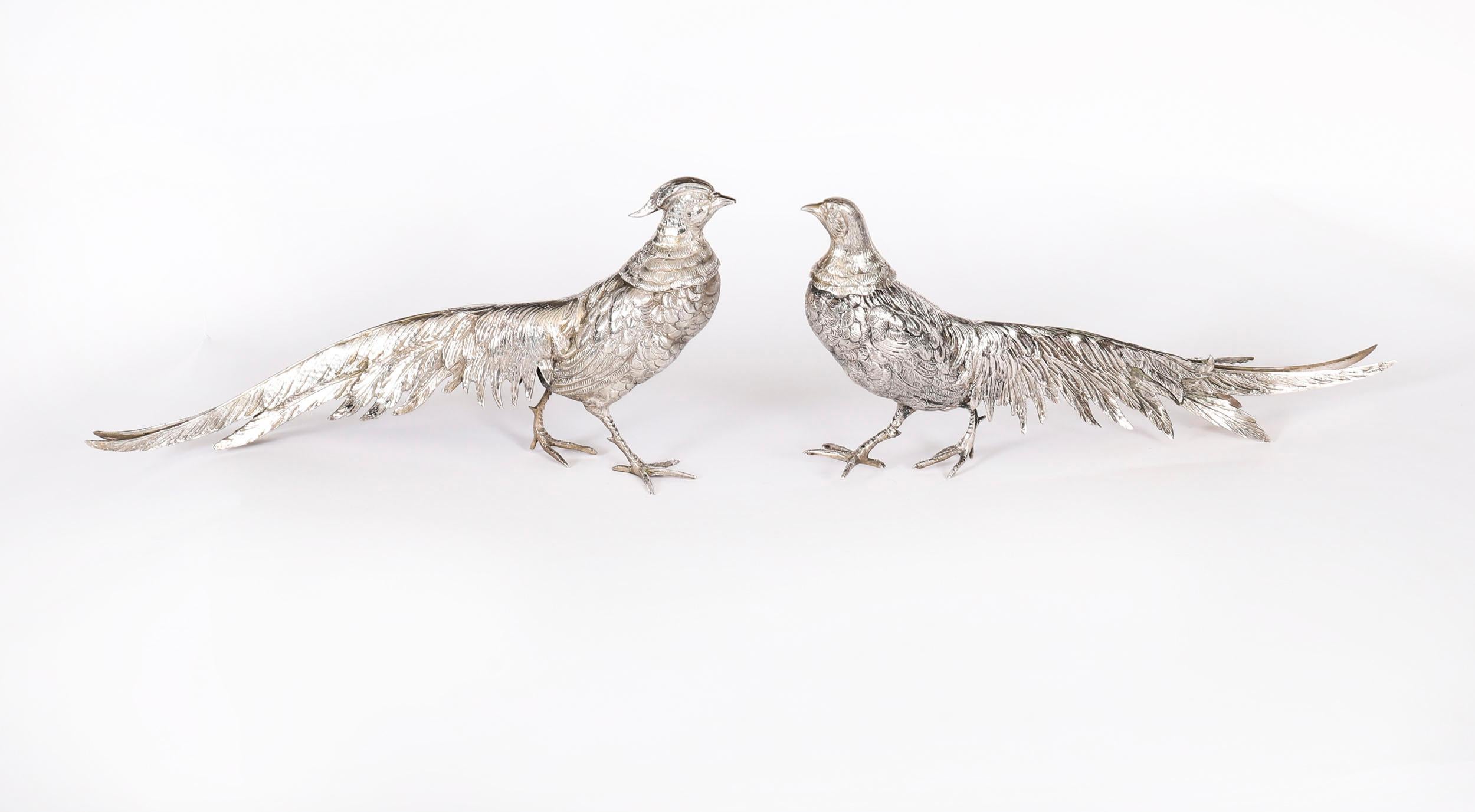 Si tratta di una splendida coppia antica tedesca di fagiani in argento massiccio fuso con dettagli eccezionali nella modellazione degli uccelli con il timbro 800, datati circa 1880.

Questi fagiani sono pesanti e sono esempi di qualità eccellente di