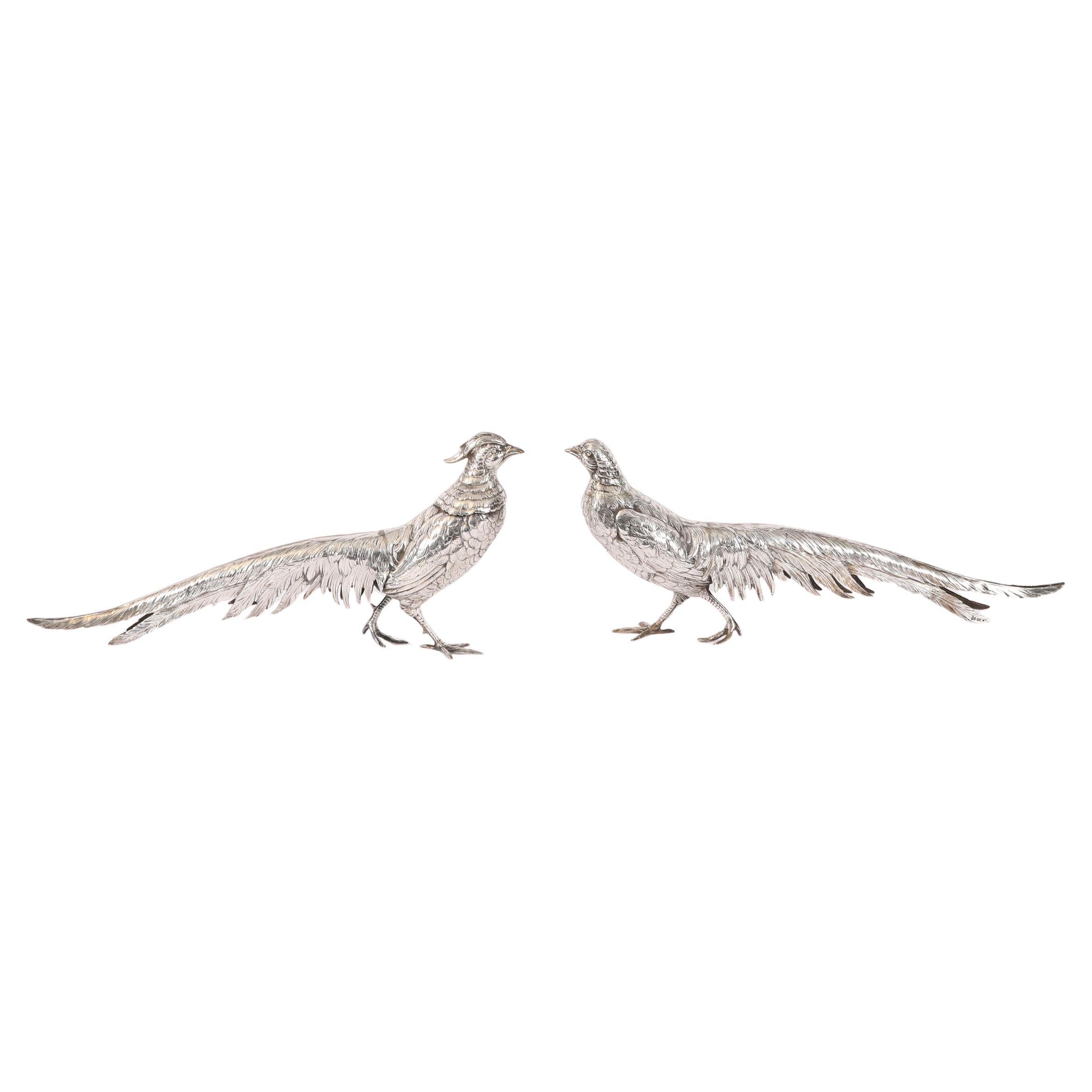 Antique Pair German 830 Silver Pheasants 19th Century For Sale