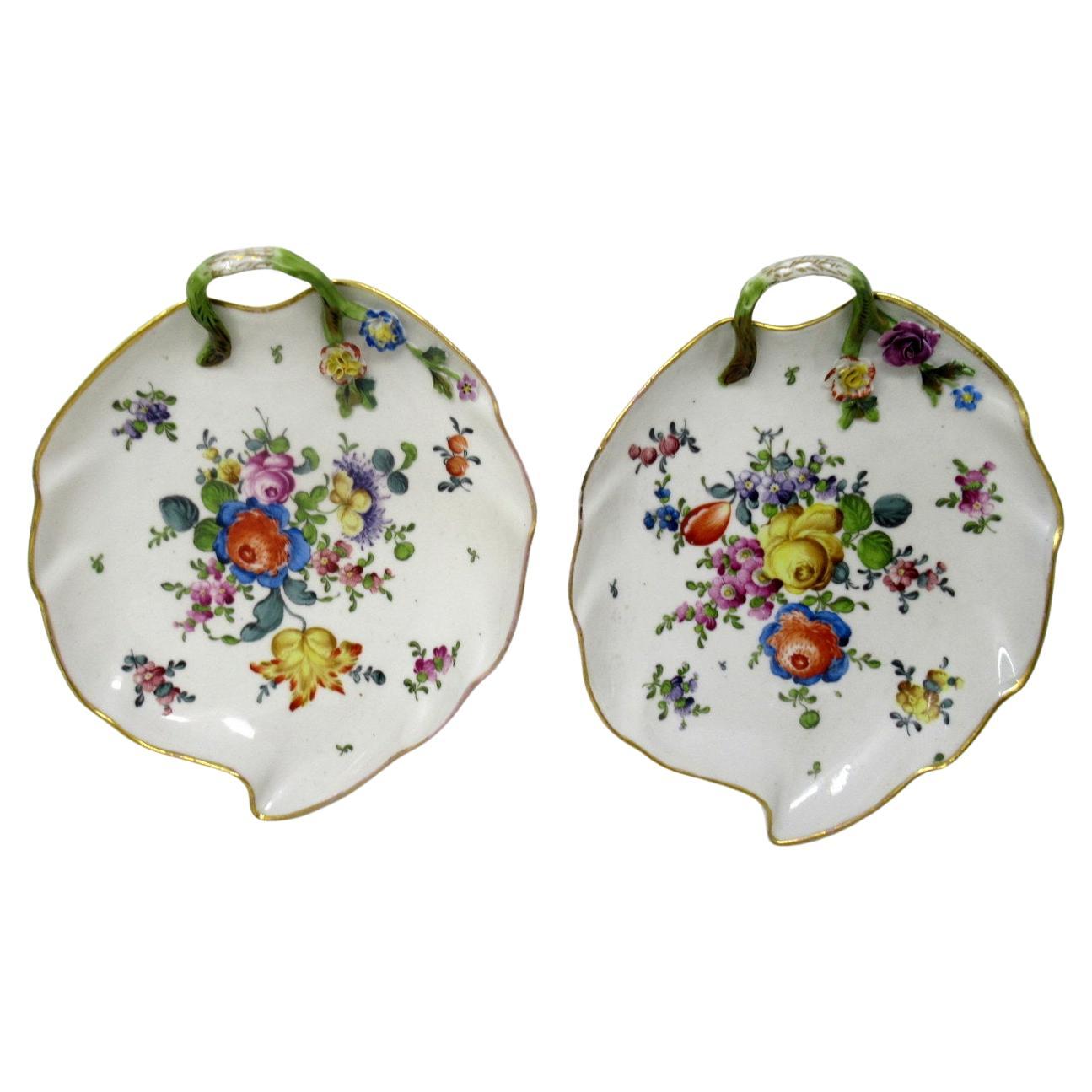 Ancienne paire d'assiettes en forme de feuille d'armoire allemandes de Dresde, Meissen, fleurs et natures mortes