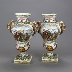 Antique Pair German Saxony Porcelain Urns with Classical Scenes in Relief, c1860