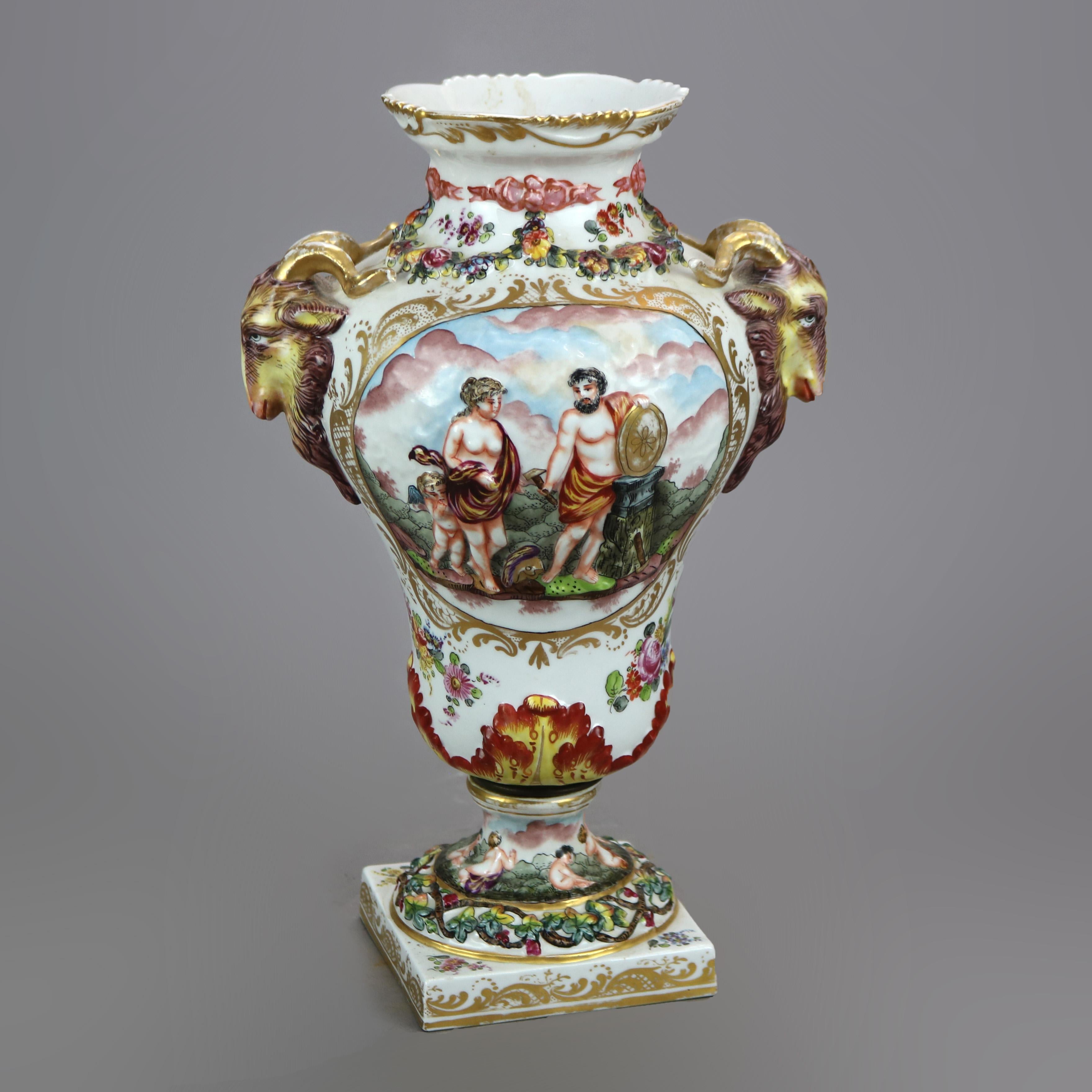 Classical Greek Antique Pair German Saxony Porcelain Urns with Classical Scenes in Relief, c1860