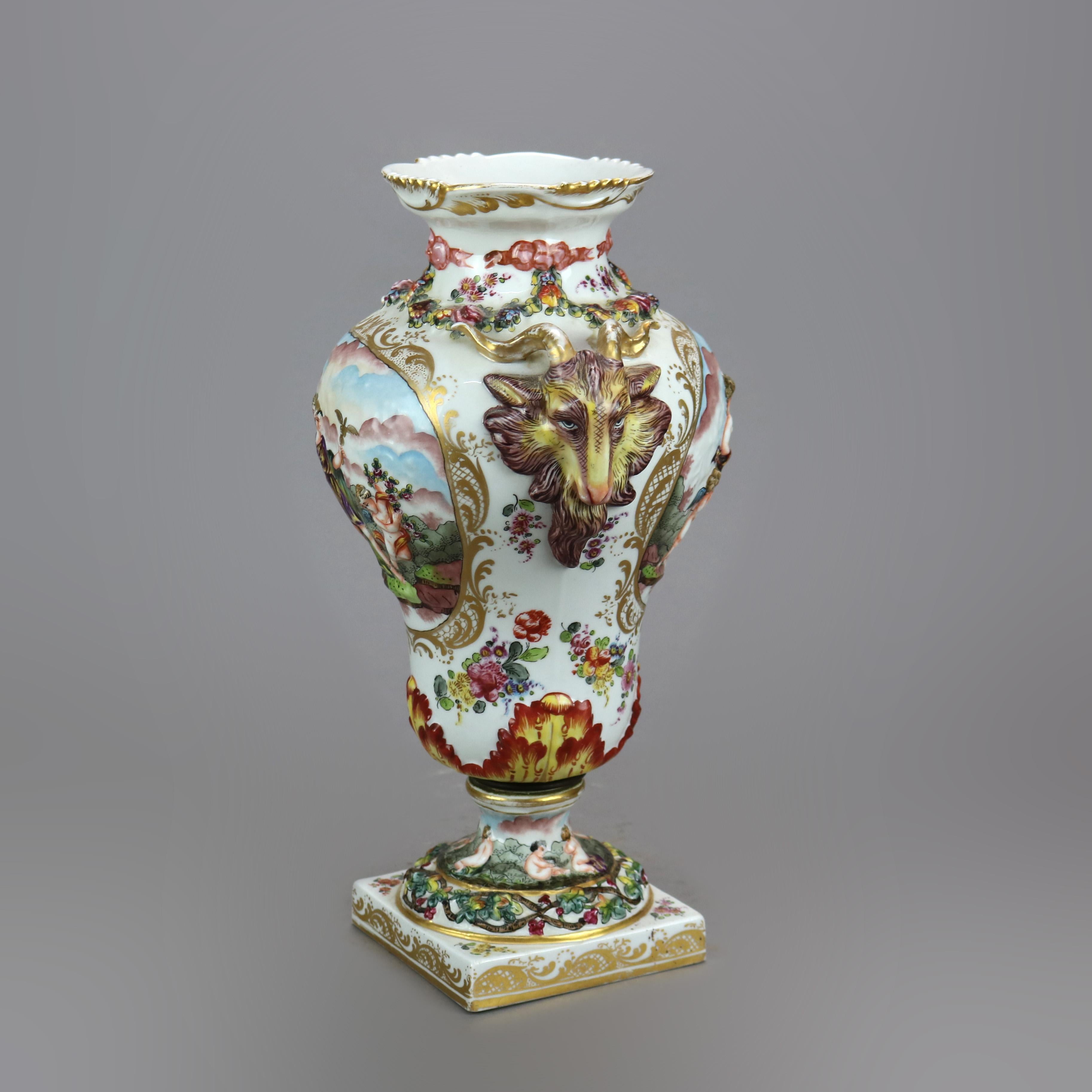 Antique Pair German Saxony Porcelain Urns with Classical Scenes in Relief, c1860 In Good Condition In Big Flats, NY