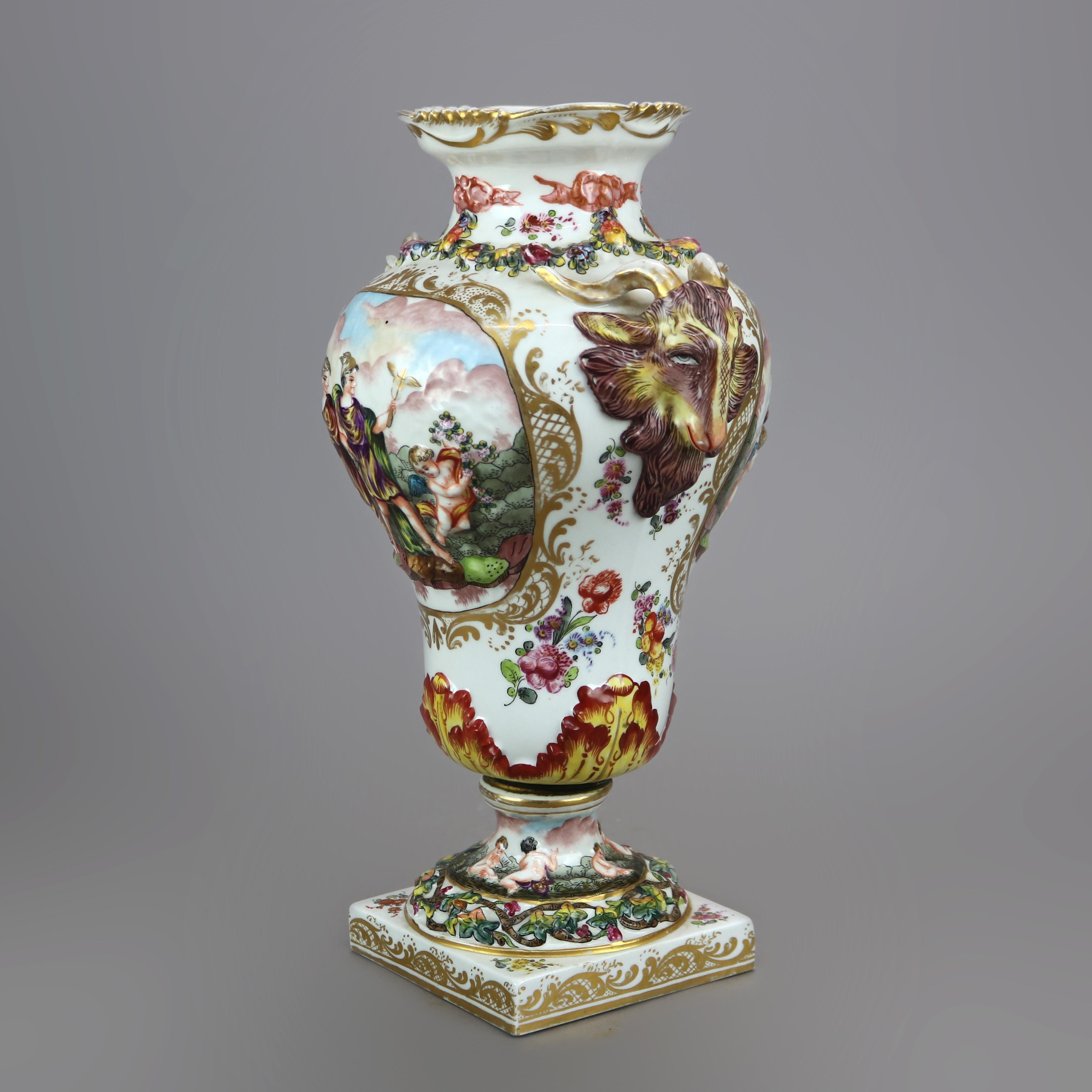19th Century Antique Pair German Saxony Porcelain Urns with Classical Scenes in Relief, c1860