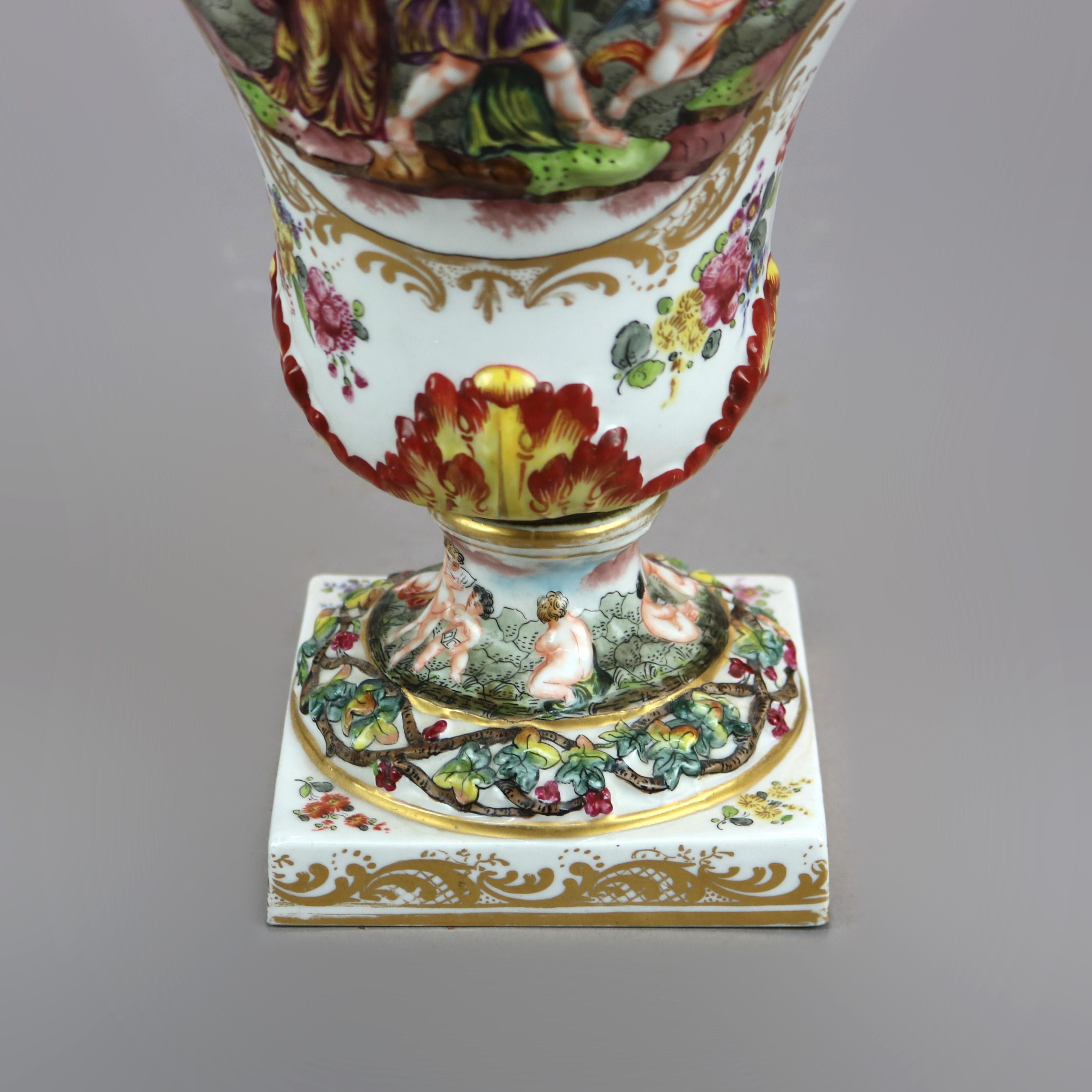 Antique Pair German Saxony Porcelain Urns with Classical Scenes in Relief, c1860 1