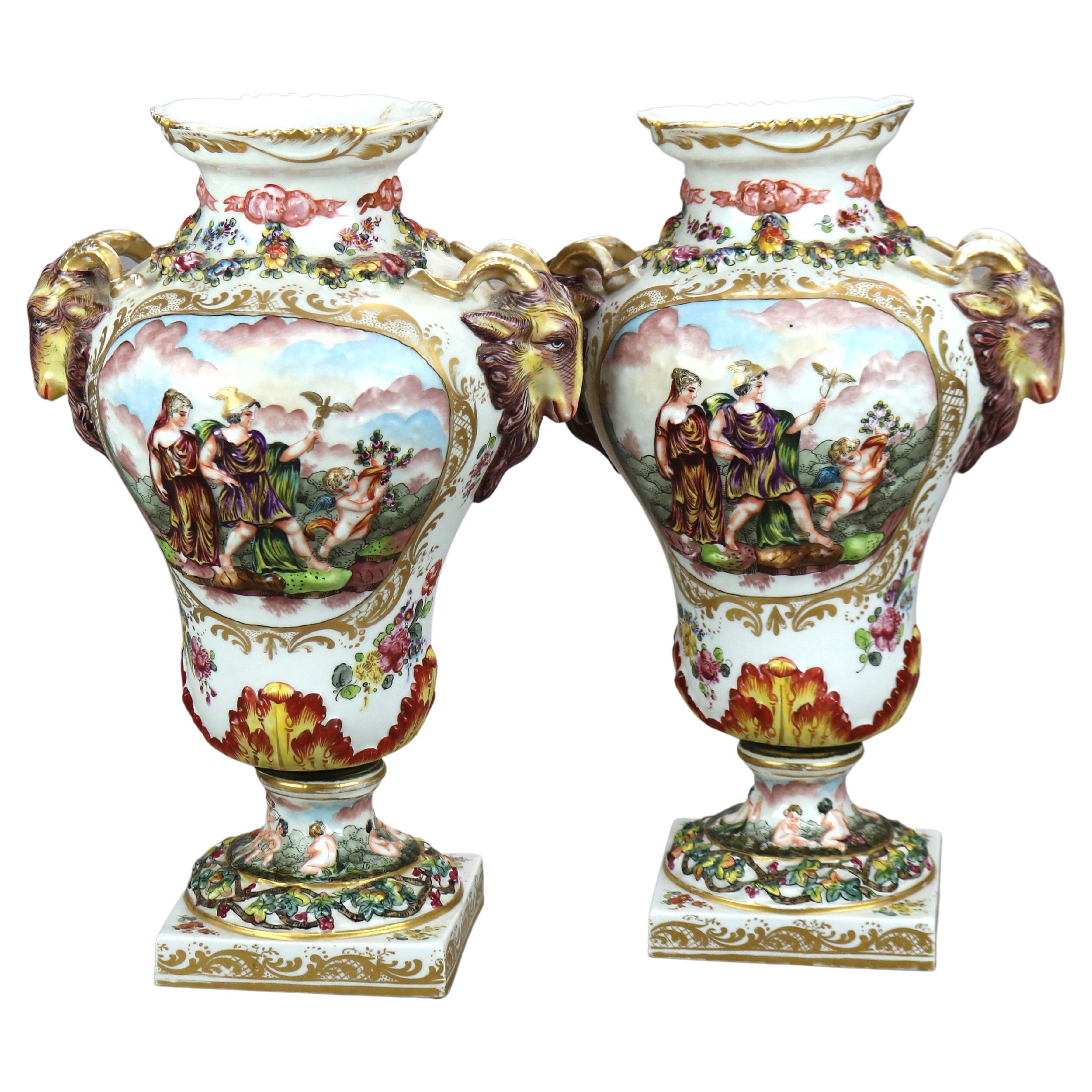 Antique Pair German Saxony Porcelain Urns with Classical Scenes in Relief, c1860