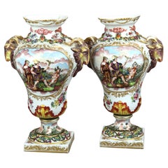 Antique Pair German Saxony Porcelain Urns with Classical Scenes in Relief, c1860