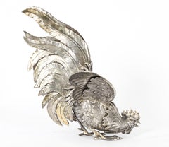 Antique Pair German Silver Fighting Cockerels 19th C