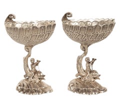 Antique Pair German Silver Master Salts Grotto Shells Putti Dolphins Hannau 1890