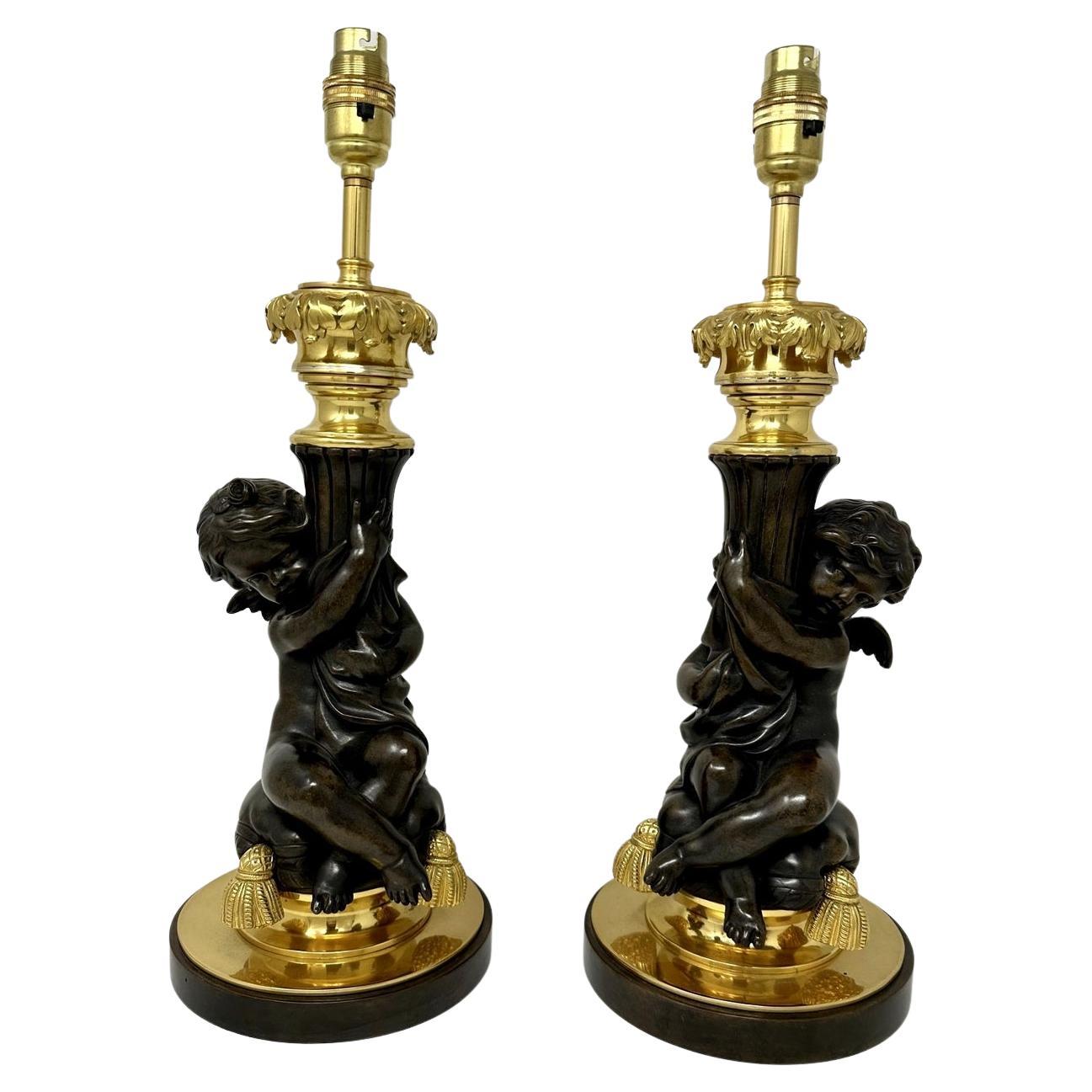 Antique Pair Gilt Bronze Dore Ormolu Table Lamps Clodion Grand Tour Cherubs 19ct