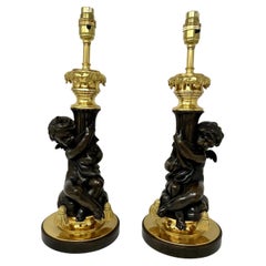 Antique Pair Gilt Bronze Dore Ormolu Table Lamps Clodion Grand Tour Cherubs 19ct