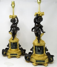 Antique Pair Gilt Bronze Ormolu Marble Table Lamps Clodion Grand Tour Cherubs