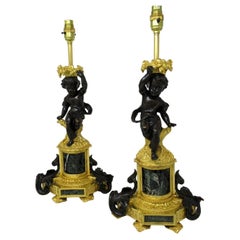 Antique Pair Gilt Bronze Ormolu Marble Table Lamps Clodion Grand Tour Cherubs 